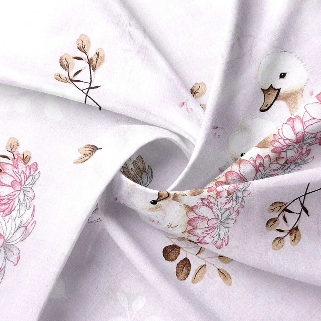 Cotton Fabric - Adorable Swans in a Floral Scene