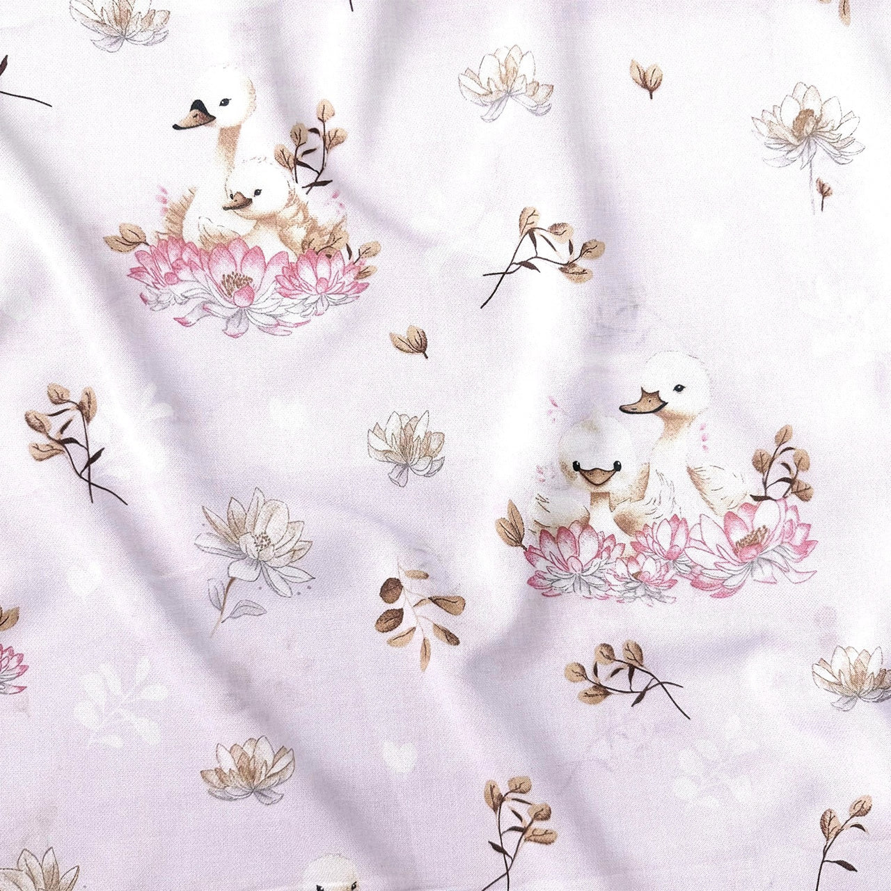 Cotton Fabric - Adorable Swans in a Floral Scene