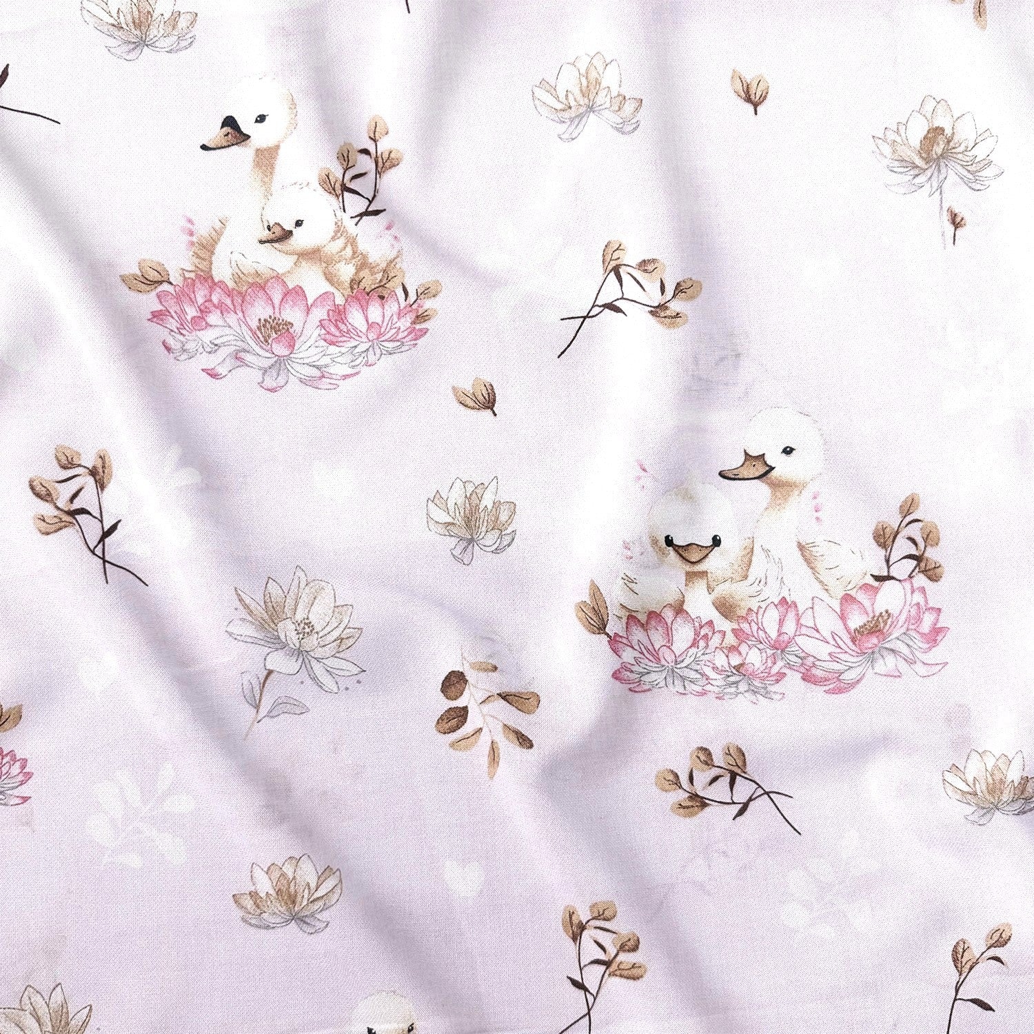 Cotton Fabric - Adorable Swans in a Floral Scene