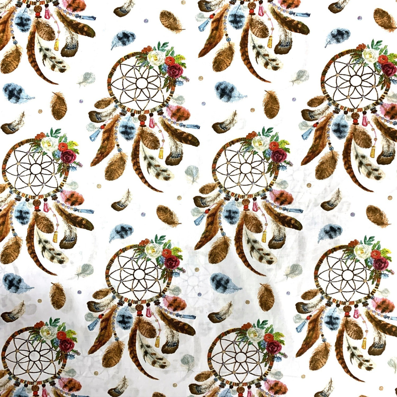 Cotton Fabric - Big Brown Dream Catchers on White