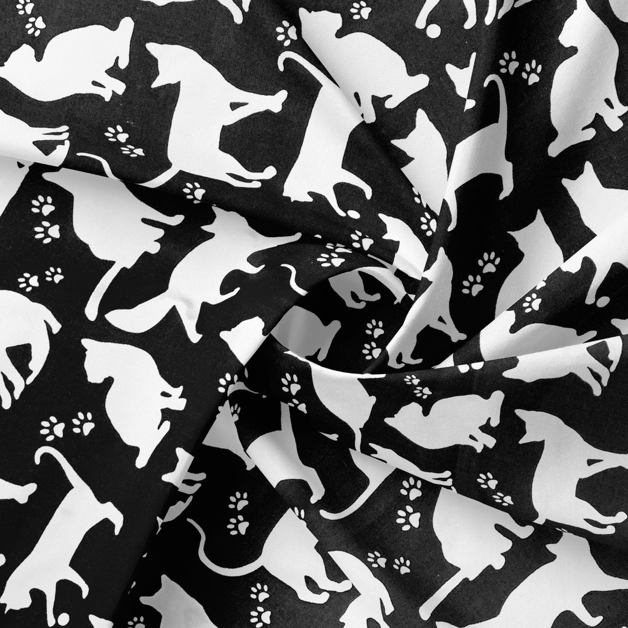 Cotton Fabric - Big White Cats on Black