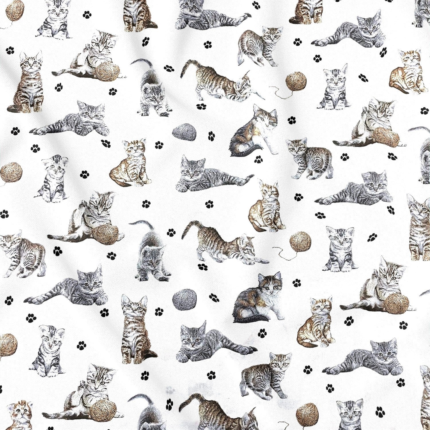 Cotton Fabric - Cats Paws and Yarn on White