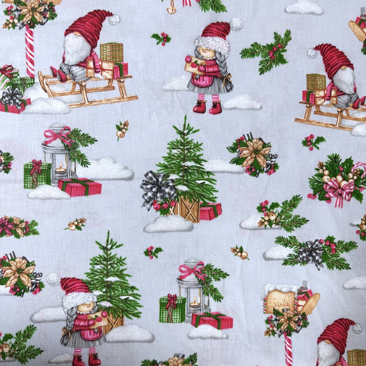 Cotton Fabric - Christmas Gnomes, Light Gray