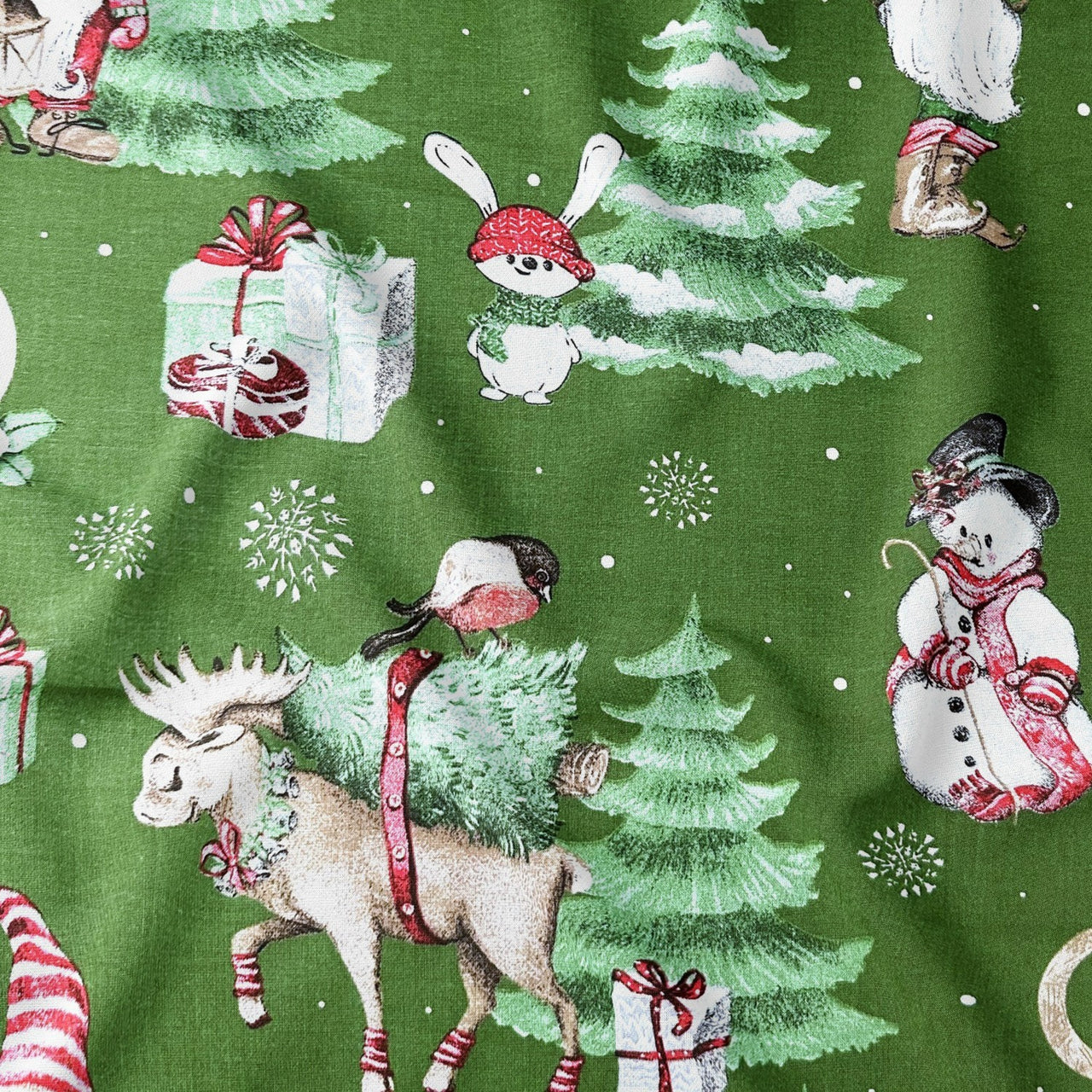 Cotton Fabric - Christmas Reindeer and Santa Claus, Green