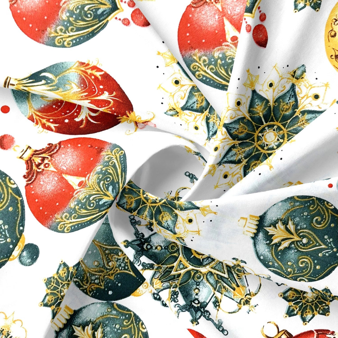 Cotton Fabric - Christmas decorative white baubles
