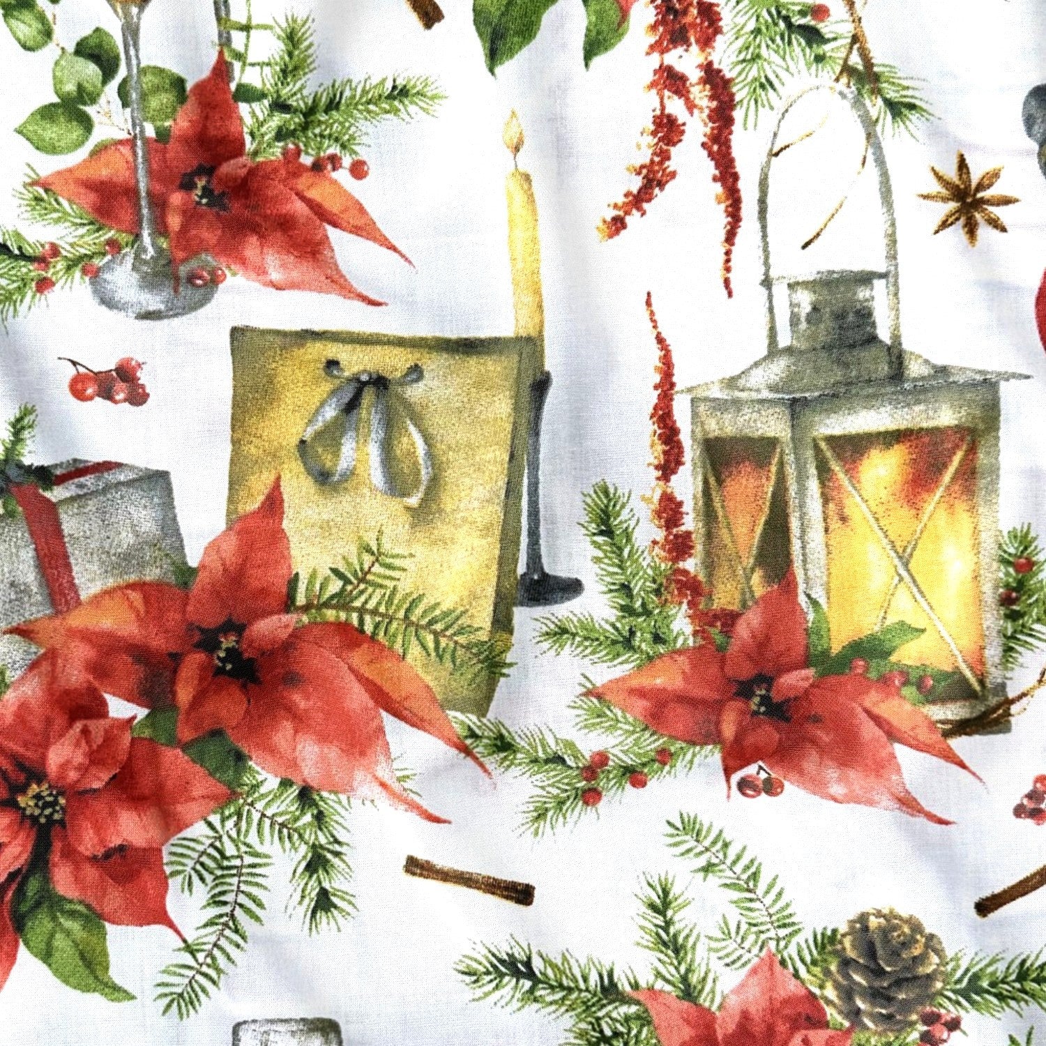 Cotton Fabric - Christmas lamp and red bow