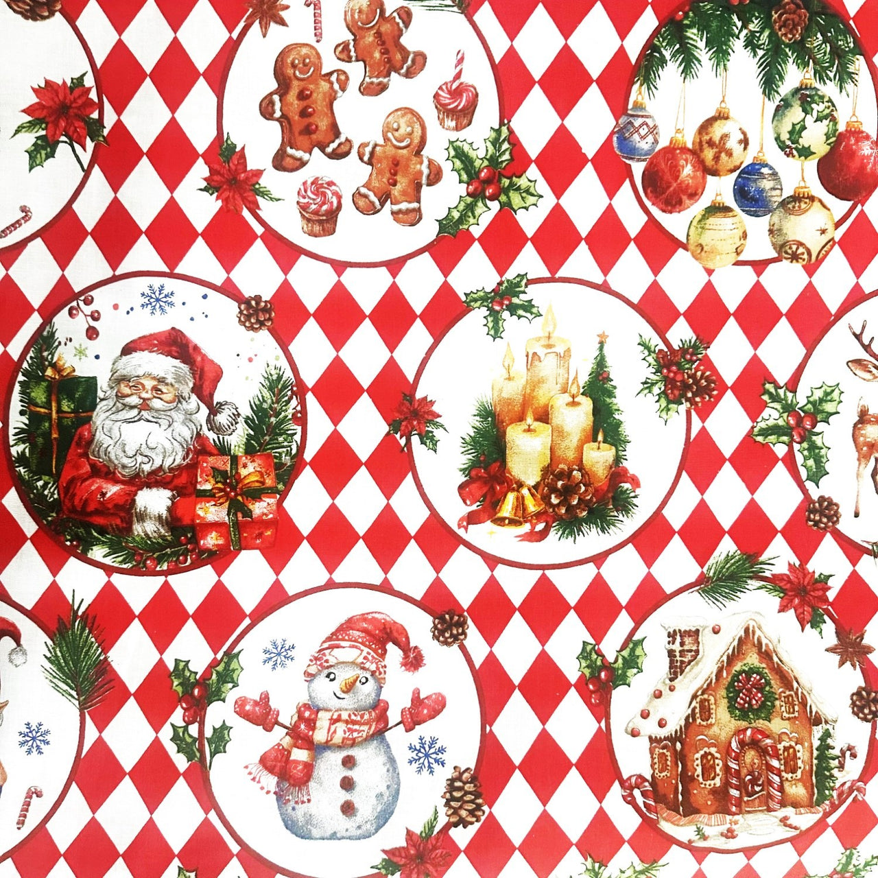 Cotton Fabric - Christmas mood in red and white diamond pattern