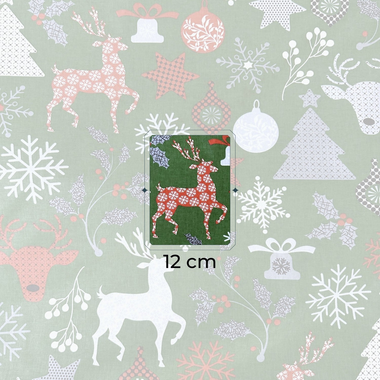 Cotton Fabric - Christmas snowflakes and Reindeer, Green