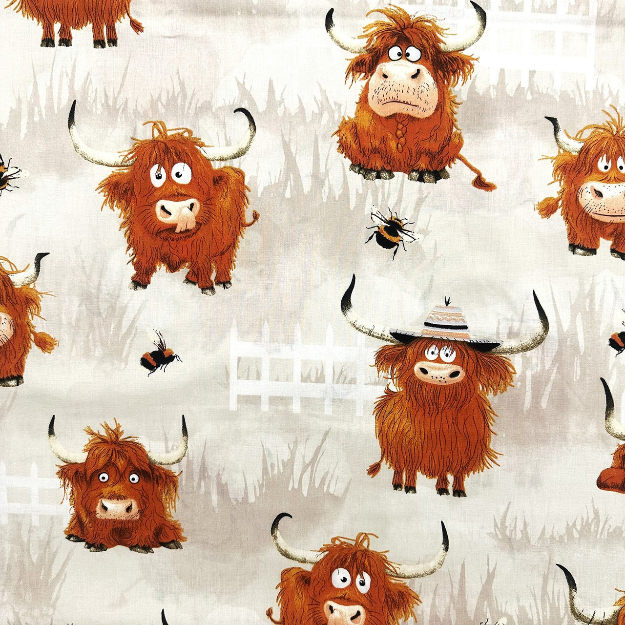Cotton Fabric - Crazy Cows on the Meadow, Beige