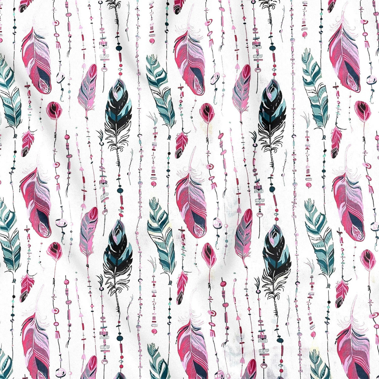 Cotton Fabric - Feathers and Beads Green and Pink
