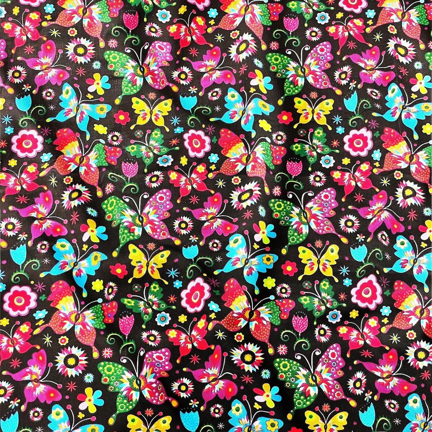 Cotton Fabric - Folk butterflies Black