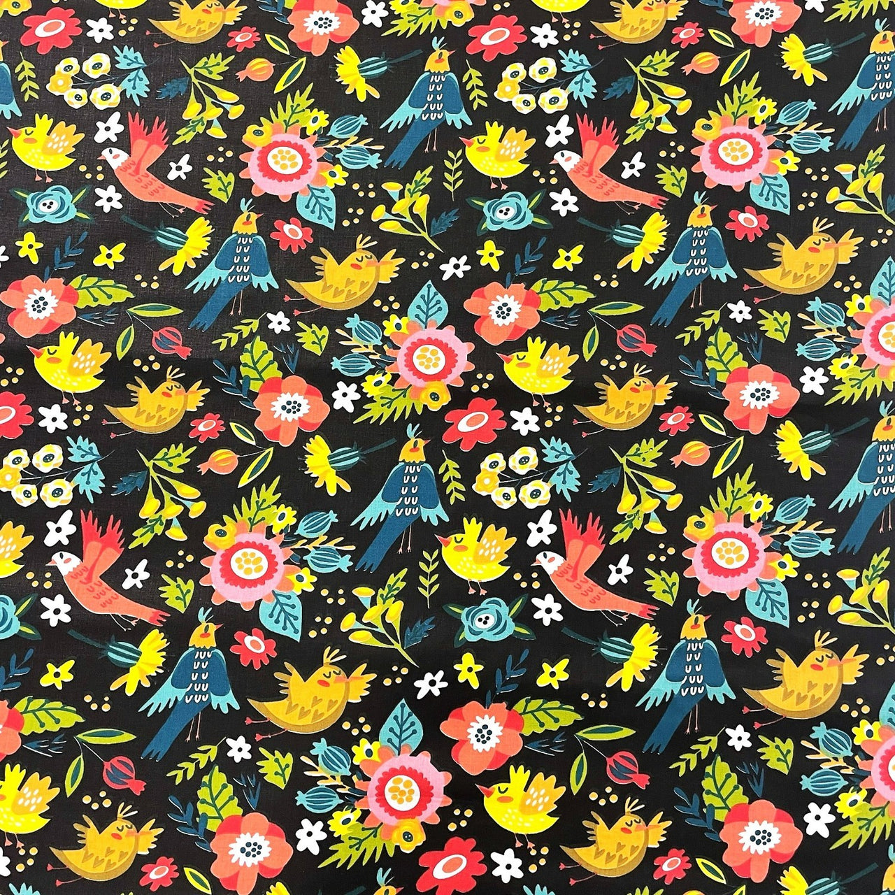 Cotton Fabric - Folklore Hens on Black Background