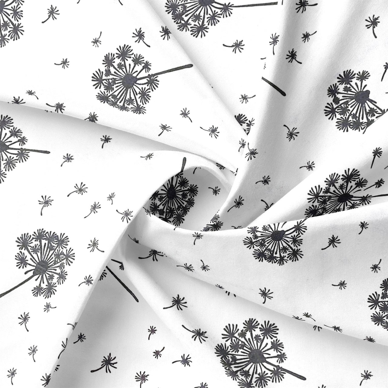 Cotton Fabric - Grey Dandelions on White