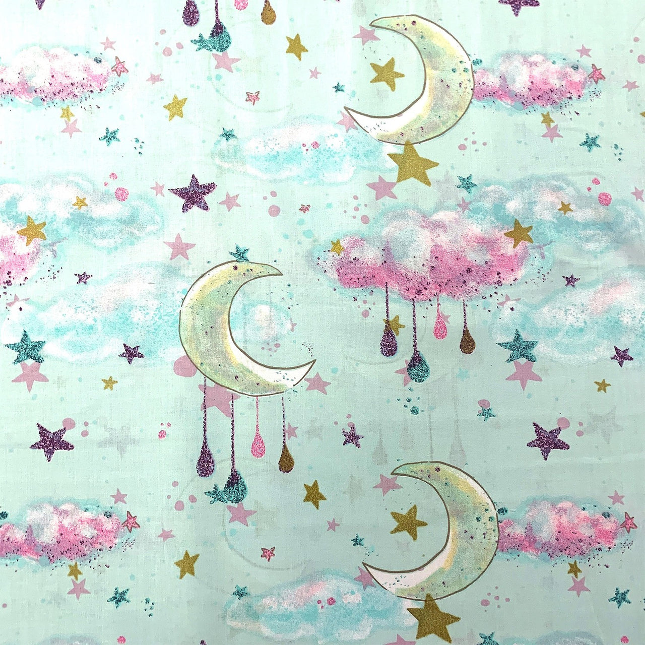 Cotton Fabric - Moons and Clouds, Mint