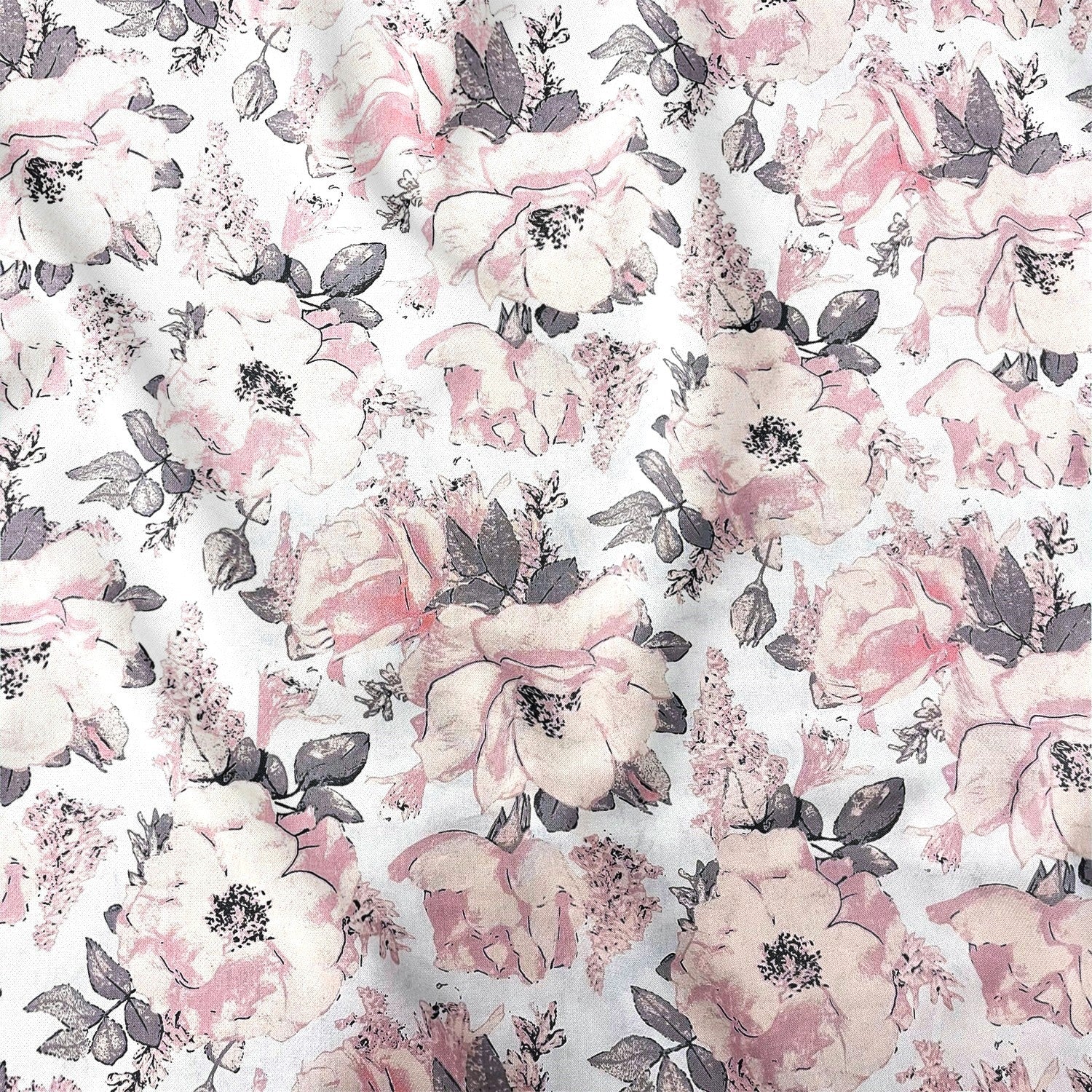 Cotton Fabric - Peonies on White