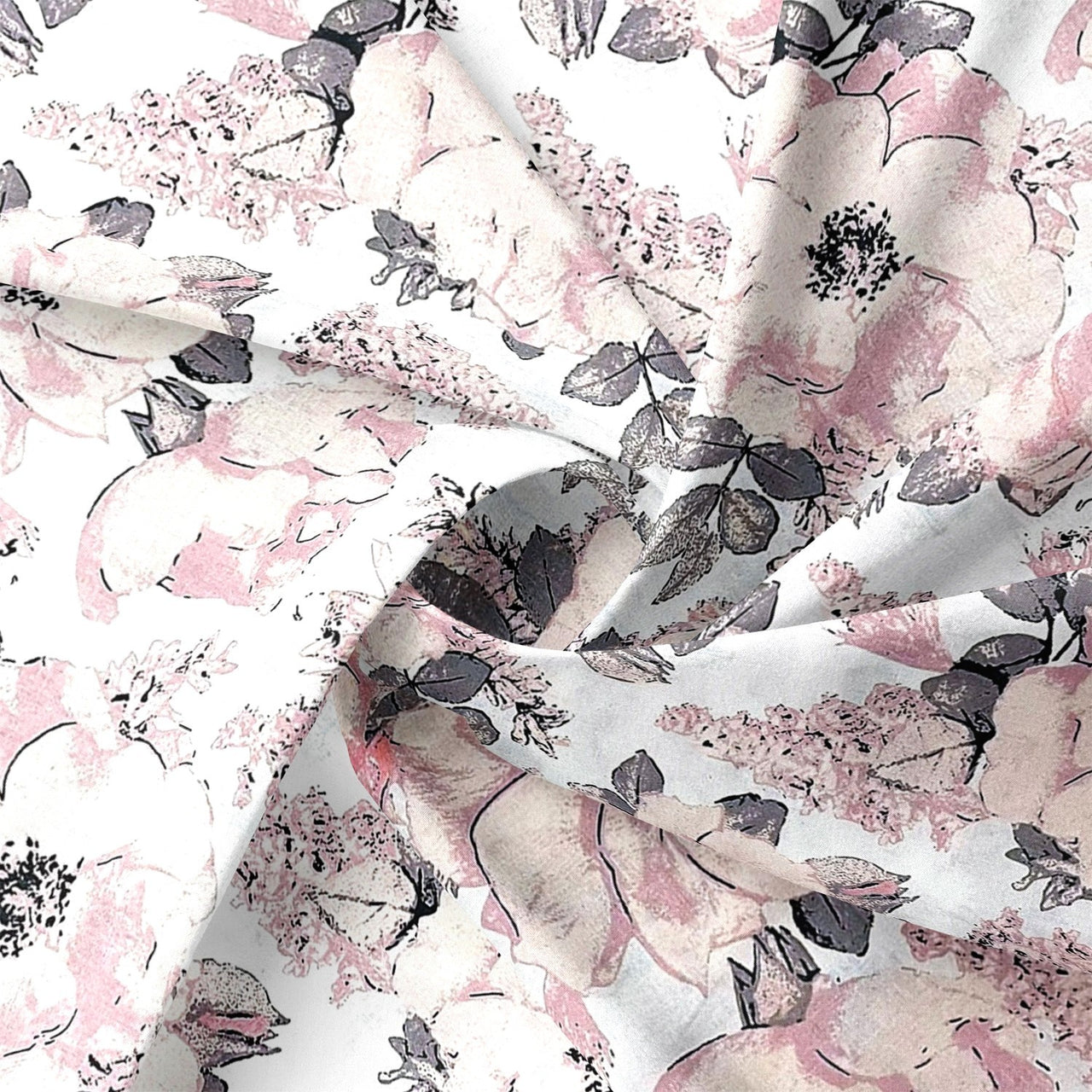 Cotton Fabric - Peonies on White