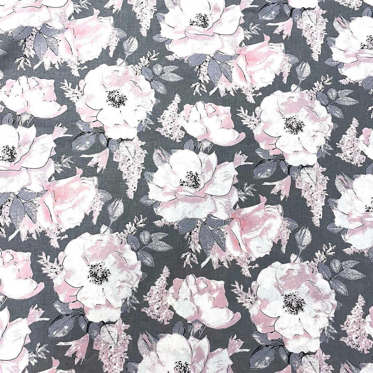 Cotton Fabric - Peony Flowers on Grey