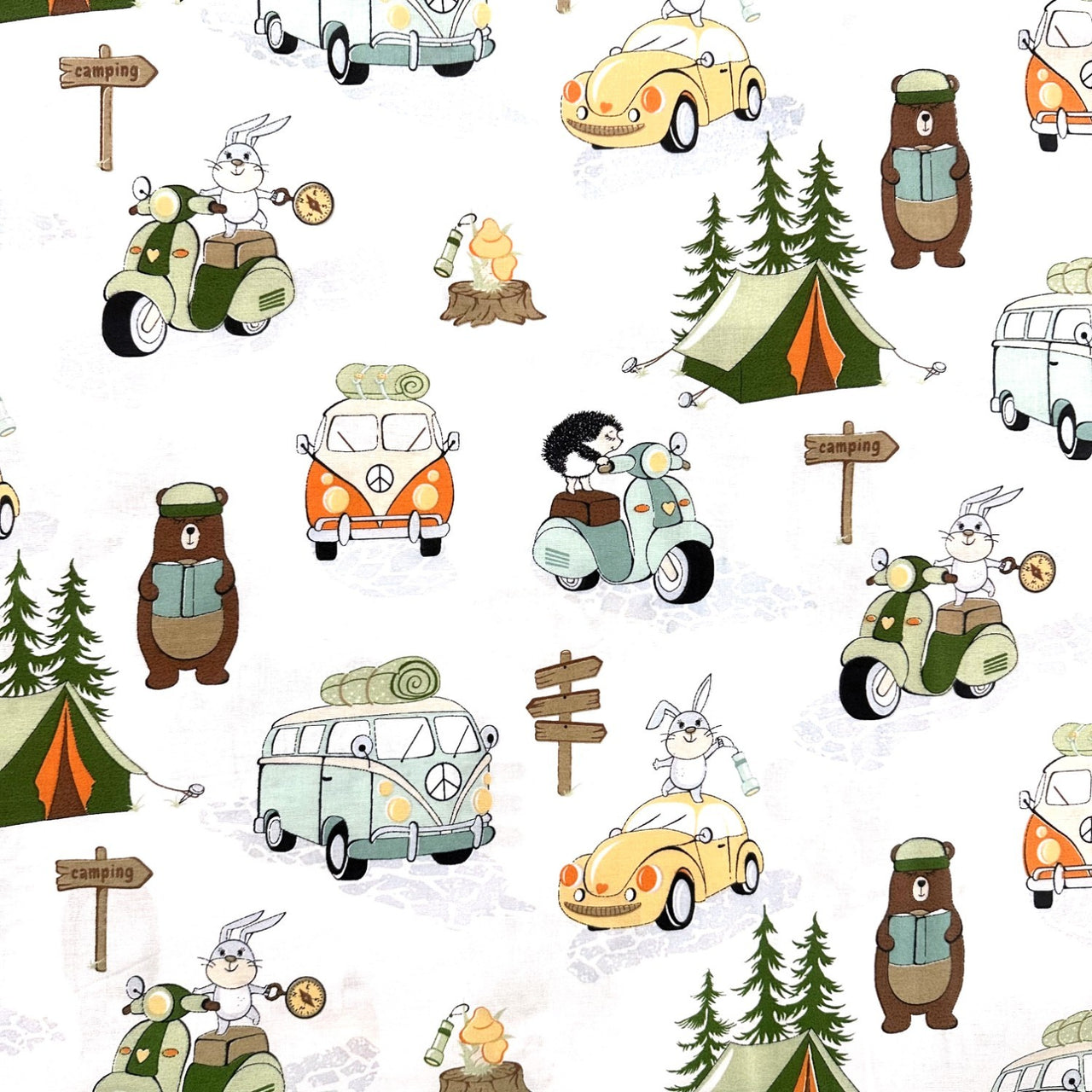 Cotton Fabric - Pets at the campsite, Orange