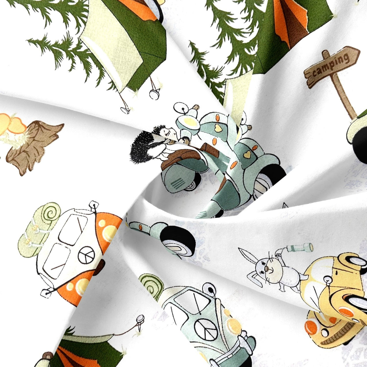 Cotton Fabric - Pets at the campsite, Orange