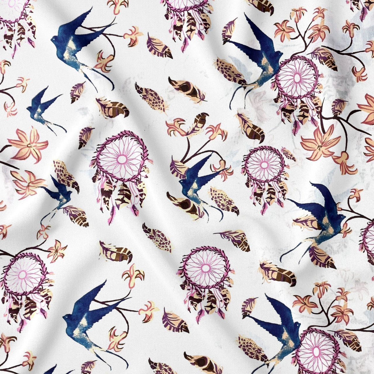 Cotton Fabric - Pink Dream Catchers and Swallows on White